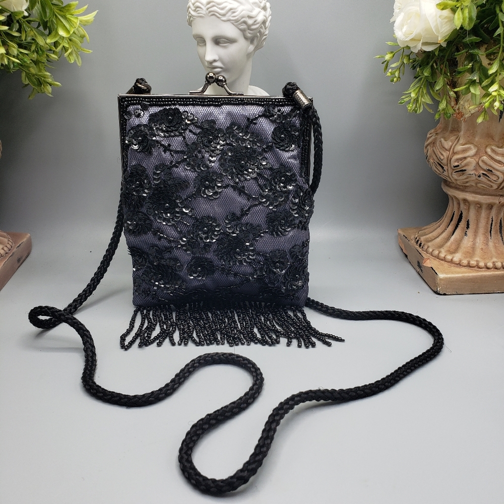 Lancome Black Mesh, Sequins & Beads w/ Gray Satin - Vintage Fringe Satin Fringe
